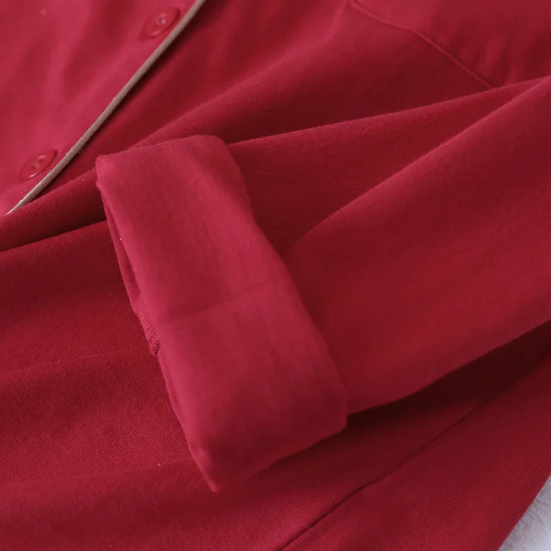 New spring and autumn couple knit pajamas, long-sleeved trousers, two-piece 100% cotton red men's and women's home service suit
