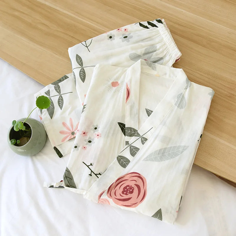 2025 new Japanese kimono suit pajamas spring and summer ladies cotton three-quarter sleeves big flowers home clothes thin loose