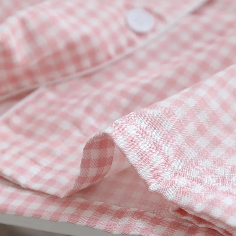 Japanese new couple pajamas, long-sleeved trousers, two-piece 100% cotton gauze simple plaid home service suit for men and women