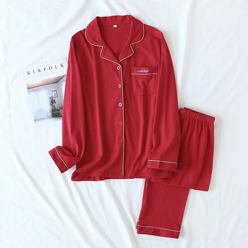 New spring and autumn couple knit pajamas, long-sleeved trousers, two-piece 100% cotton red men's and women's home service suit