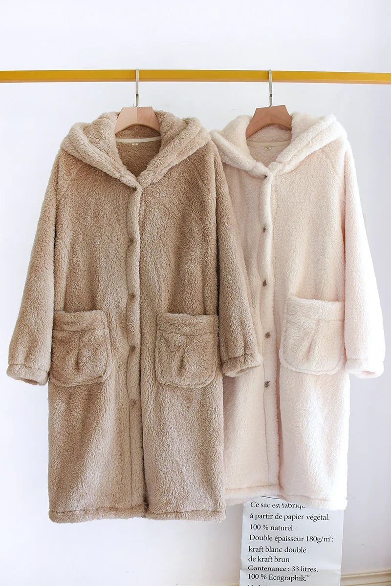 New autumn and winter flannel ladies nightgown thickened and longer warm Japanese solid color long-haired home service pajamas