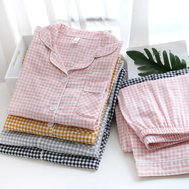 Japanese new couple pajamas, long-sleeved trousers, two-piece 100% cotton gauze simple plaid home service suit for men and women