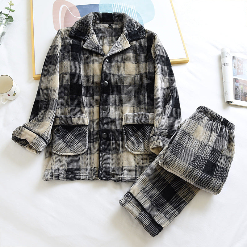 Autumn And Winter New Men's Pajamas Long-sleeved Trousers Two-piece Flannel Thickened Warm Home Service Set Plaid Large Size Men