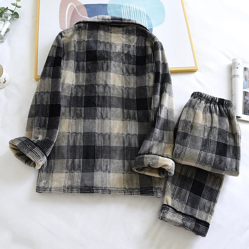 Autumn And Winter New Men's Pajamas Long-sleeved Trousers Two-piece Flannel Thickened Warm Home Service Set Plaid Large Size Men