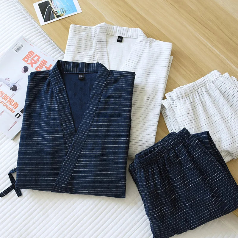 Japanese kimono two-piece men's spring and summer new 100% cotton bathrobe two-piece long pajamas home service set robe sets