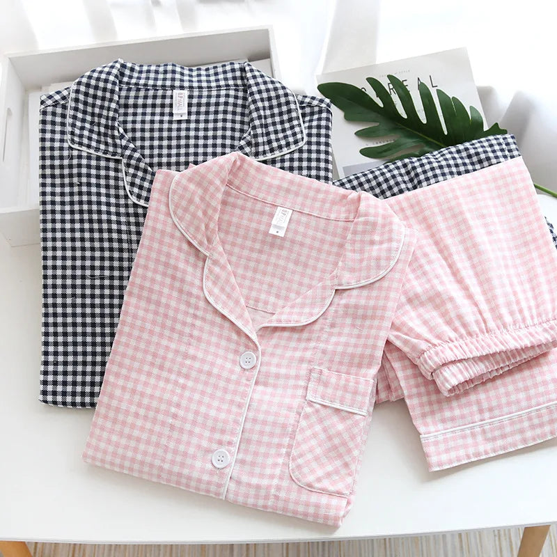 Japanese new couple pajamas, long-sleeved trousers, two-piece 100% cotton gauze simple plaid home service suit for men and women
