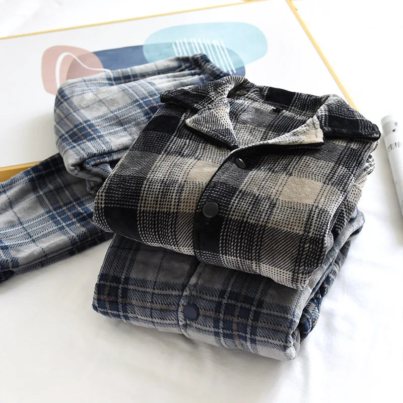 Autumn And Winter New Men's Pajamas Long-sleeved Trousers Two-piece Flannel Thickened Warm Home Service Set Plaid Large Size Men