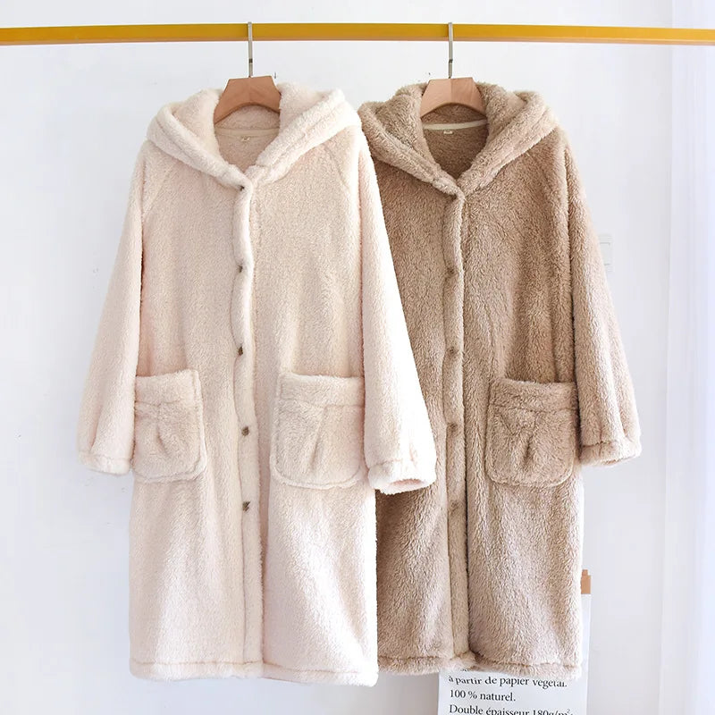 New autumn and winter flannel ladies nightgown thickened and longer warm Japanese solid color long-haired home service pajamas