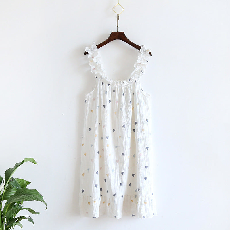 2025 Summer New Style Nightdress Ladies 100% Cotton Crepe Thin Vest Suspender Skirt Loose Long Skirt Sweet And Cute Home Skirt