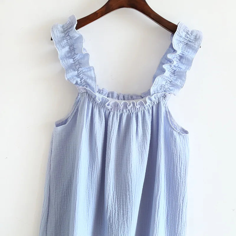 2025 Summer New Style Nightdress Ladies 100% Cotton Crepe Thin Vest Suspender Skirt Loose Long Skirt Sweet And Cute Home Skirt