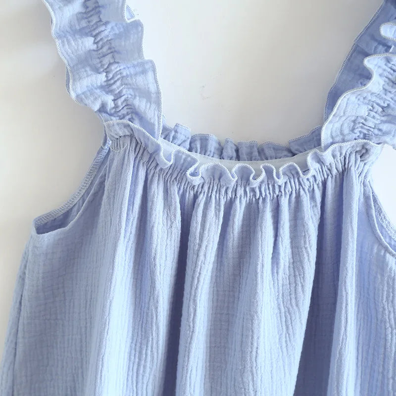 2025 Summer New Style Nightdress Ladies 100% Cotton Crepe Thin Vest Suspender Skirt Loose Long Skirt Sweet And Cute Home Skirt