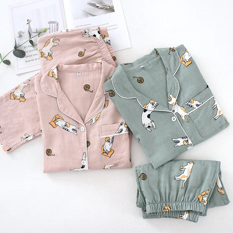Japanese spring and autumn couples cotton gauze pajamas suit men's cotton four seasons long-sleeved trousers home service women