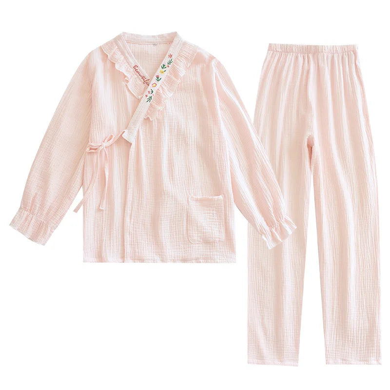 Japanese Kimono Suit New Ladies Spring And Autumn Pajamas Long-sleeved Trousers 100% Cotton Crepe Home Service Two-piece Suit