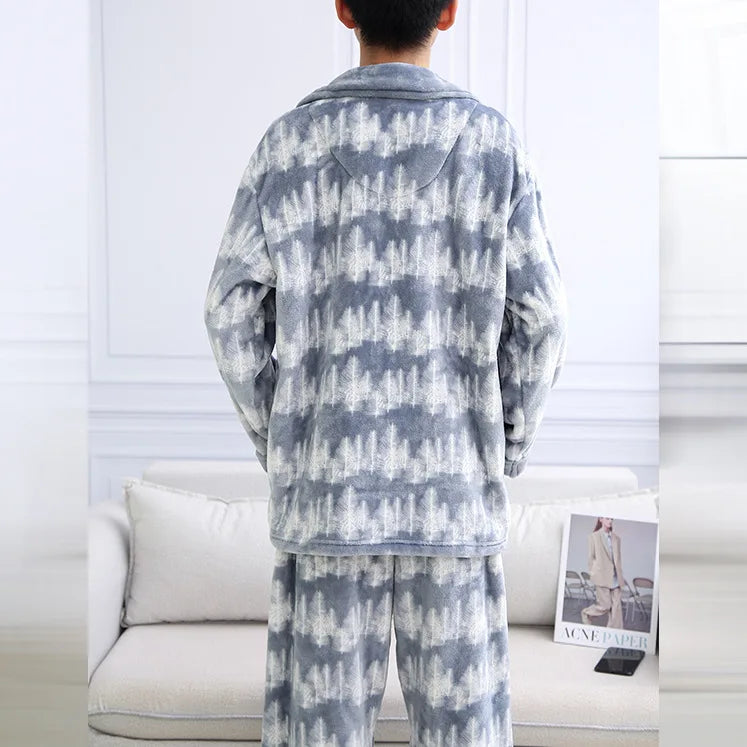 Autumn And Winter New Men's Pajamas Long-sleeved Trousers Two-piece Flannel Thickened Warm Home Service Set Plaid Large Size Men