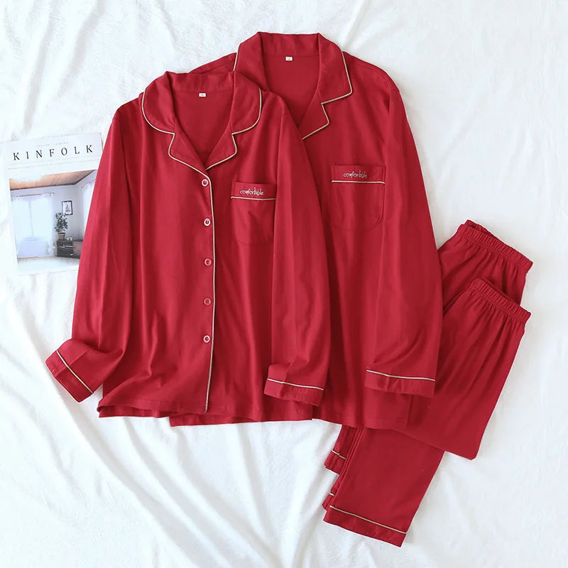 New spring and autumn couple knit pajamas, long-sleeved trousers, two-piece 100% cotton red men's and women's home service suit