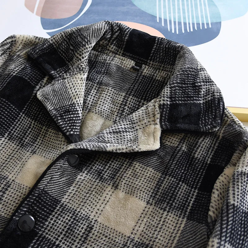 Autumn And Winter New Men's Pajamas Long-sleeved Trousers Two-piece Flannel Thickened Warm Home Service Set Plaid Large Size Men