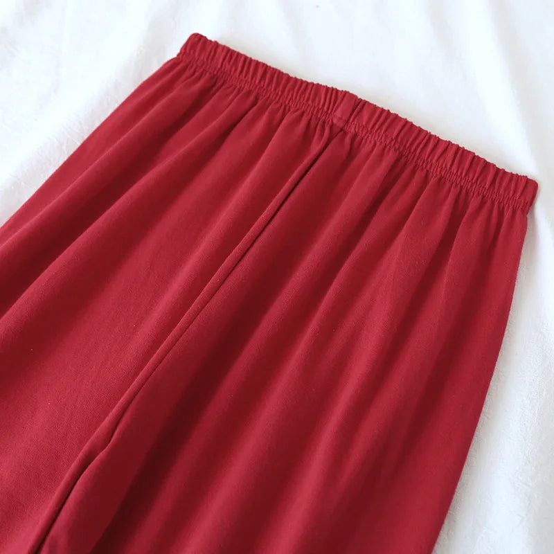 New spring and autumn couple knit pajamas, long-sleeved trousers, two-piece 100% cotton red men's and women's home service suit