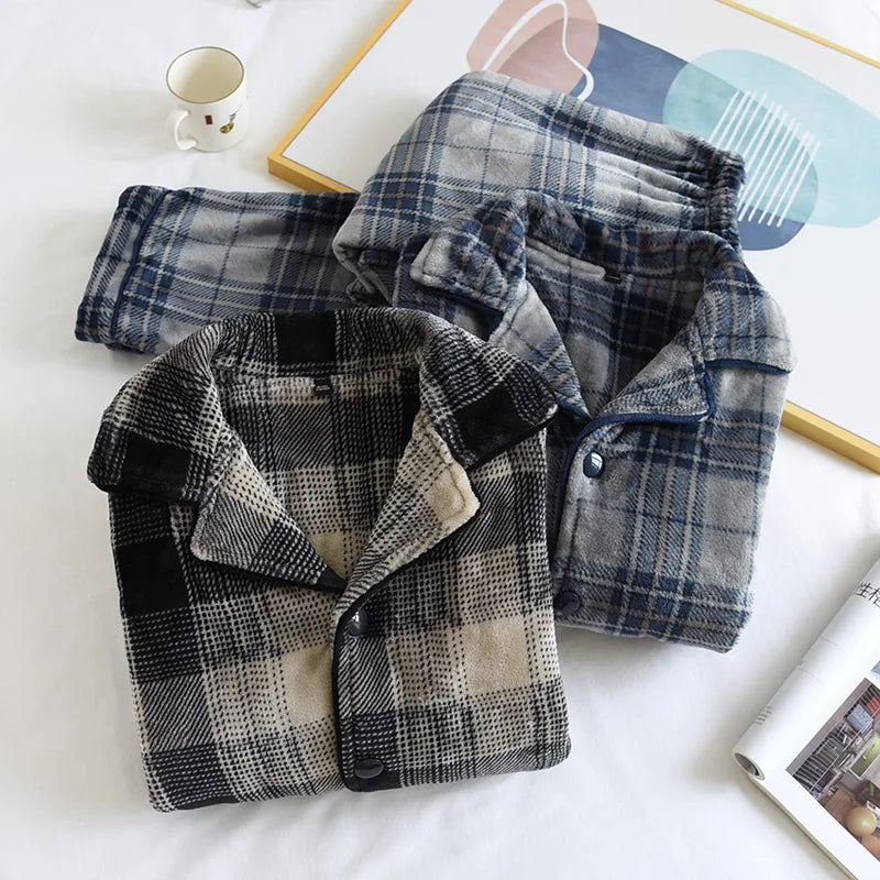 Autumn And Winter New Men's Pajamas Long-sleeved Trousers Two-piece Flannel Thickened Warm Home Service Set Plaid Large Size Men