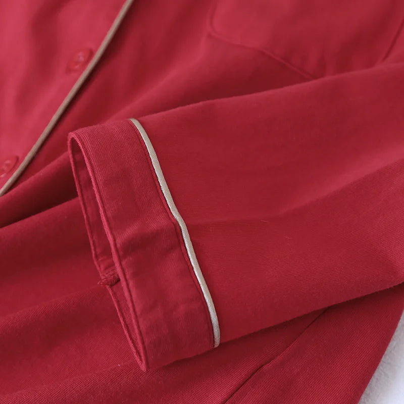 New spring and autumn couple knit pajamas, long-sleeved trousers, two-piece 100% cotton red men's and women's home service suit