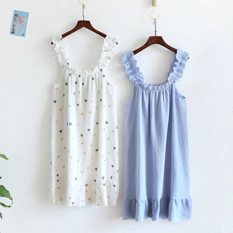 2025 Summer New Style Nightdress Ladies 100% Cotton Crepe Thin Vest Suspender Skirt Loose Long Skirt Sweet And Cute Home Skirt