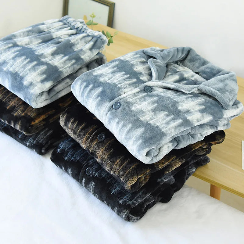 Autumn And Winter New Men's Pajamas Long-sleeved Trousers Two-piece Flannel Thickened Warm Home Service Set Plaid Large Size Men