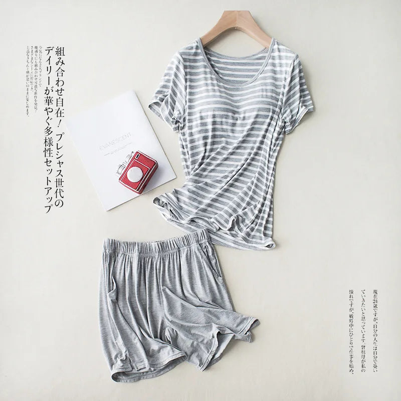 New Modal Lady Short Sleeve Pajamas Set with Bra Pad Bra One Piece Half Sleeve Shorts Striped Loose Large Size Home Wear Set