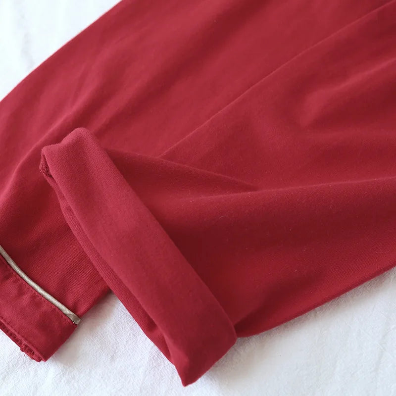 New spring and autumn couple knit pajamas, long-sleeved trousers, two-piece 100% cotton red men's and women's home service suit