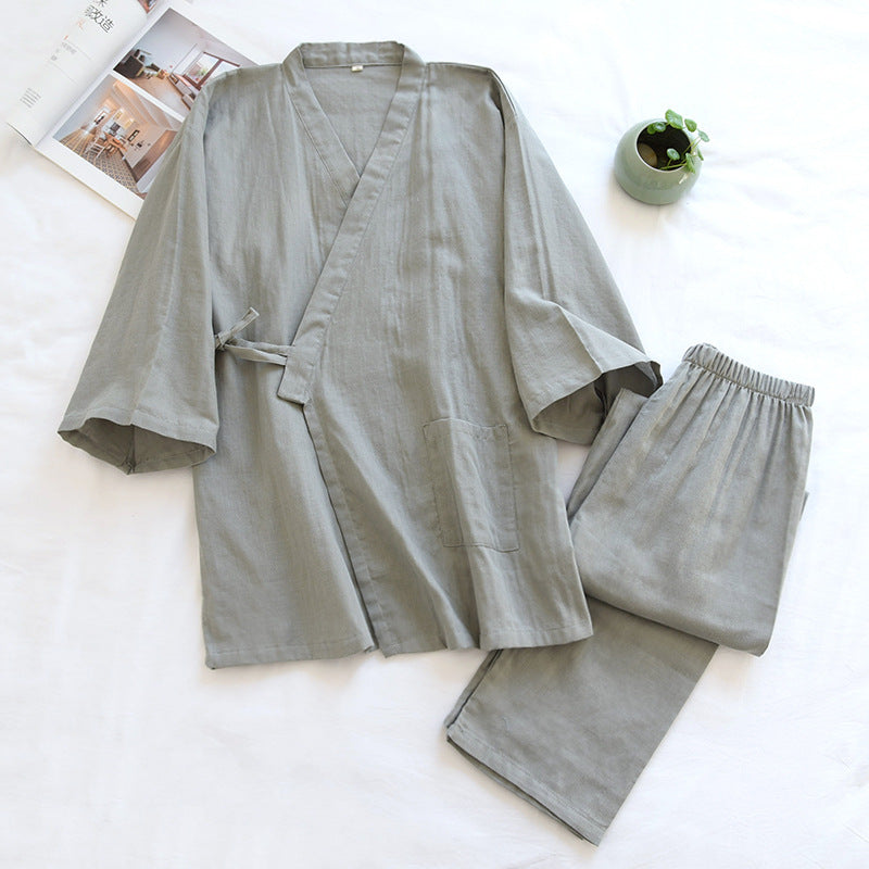 2025Spring And Summer Kimono Men's Pajamas Two-piece 100% Cotton Simple Plus Size Three-quarter Sleeve Trousers Home Service Set