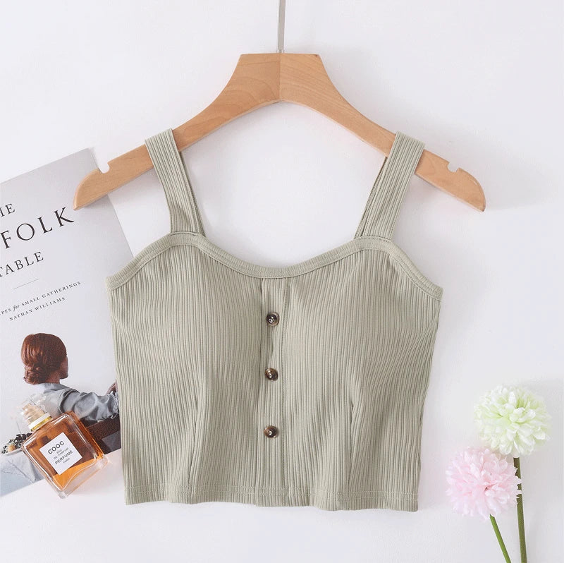 Manufacturer wholesale 2025 new spring and summer cotton belt bra sling vest women button wide shoulder belt women's navel vest
