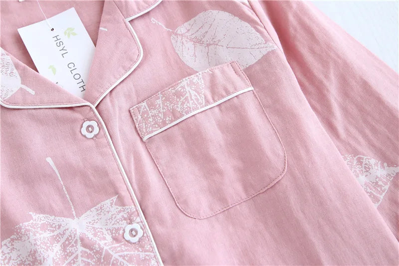 2025 kimono femme maple leaf pajama sets women 100% gauze cotton long sleeve casual sleepwear women pyjamas autumn hot sale
