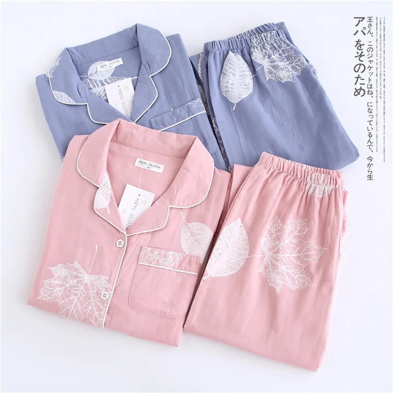 2025 kimono femme maple leaf pajama sets women 100% gauze cotton long sleeve casual sleepwear women pyjamas autumn hot sale