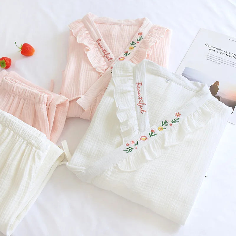 Japanese Kimono Suit New Ladies Spring And Autumn Pajamas Long-sleeved Trousers 100% Cotton Crepe Home Service Two-piece Suit