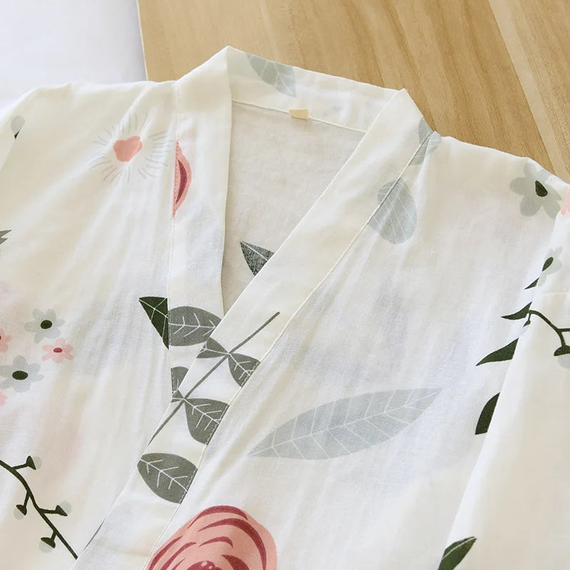 2025 new Japanese kimono suit pajamas spring and summer ladies cotton three-quarter sleeves big flowers home clothes thin loose
