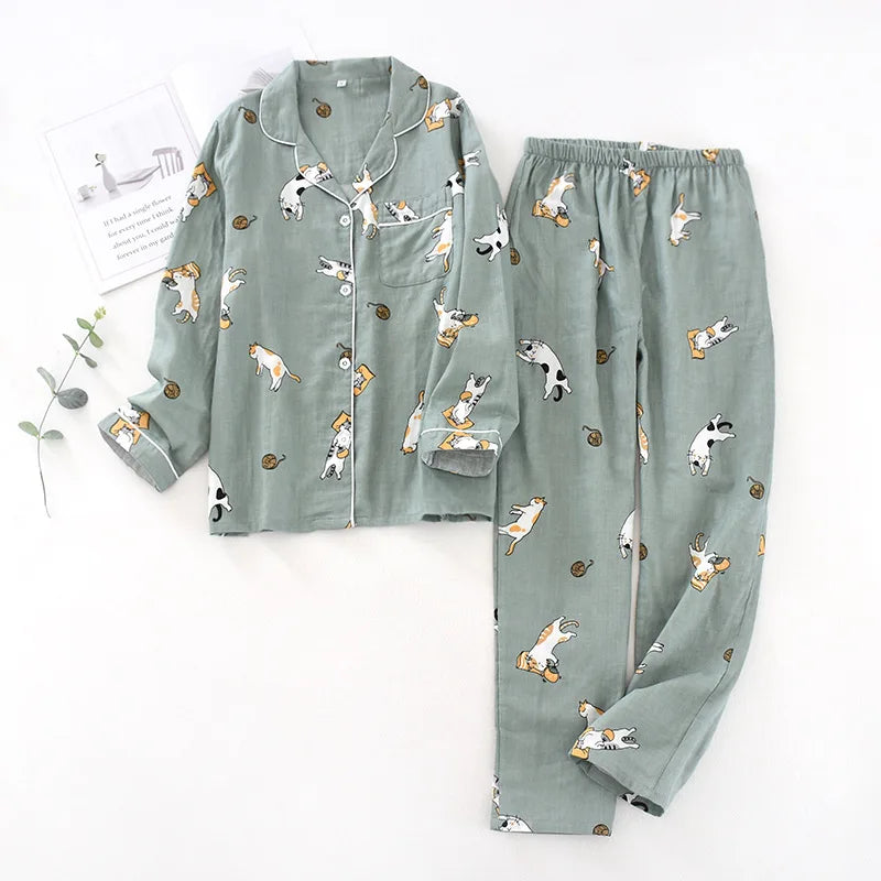 Japanese spring and autumn couples cotton gauze pajamas suit men's cotton four seasons long-sleeved trousers home service women