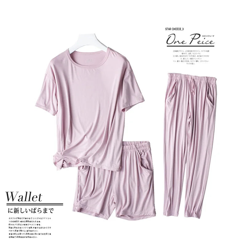 Spring and summer new ladies pajamas three-piece short-sleeved shorts trousers modal soft T-shirt pajamas women's loose home set