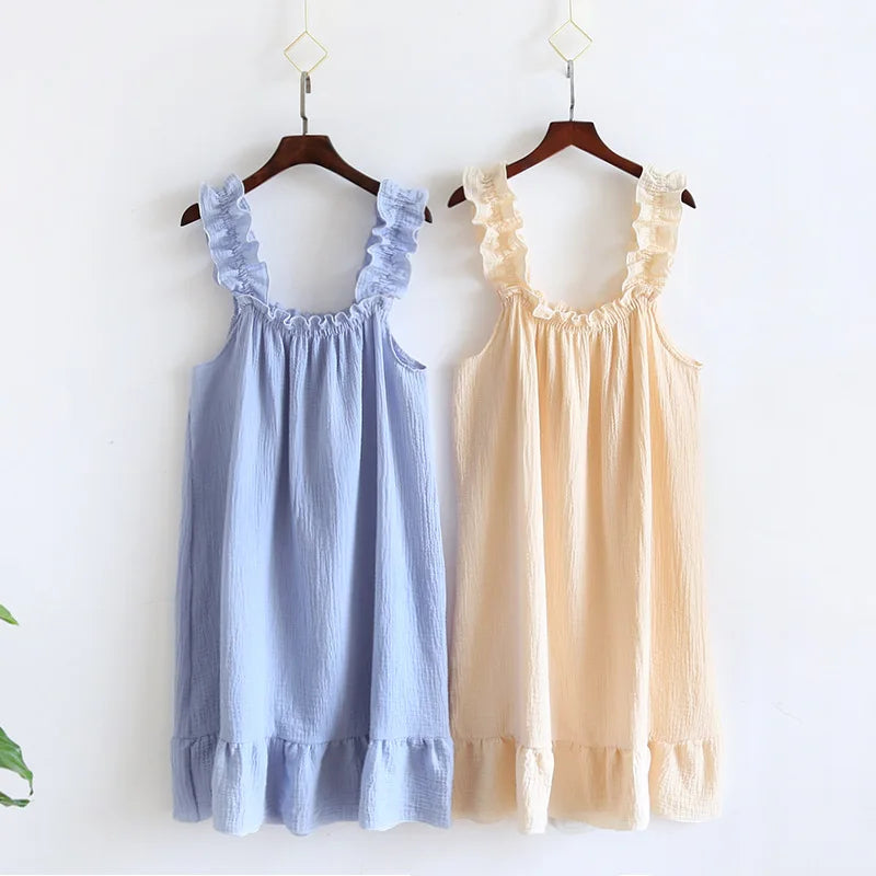 2025 Summer New Style Nightdress Ladies 100% Cotton Crepe Thin Vest Suspender Skirt Loose Long Skirt Sweet And Cute Home Skirt