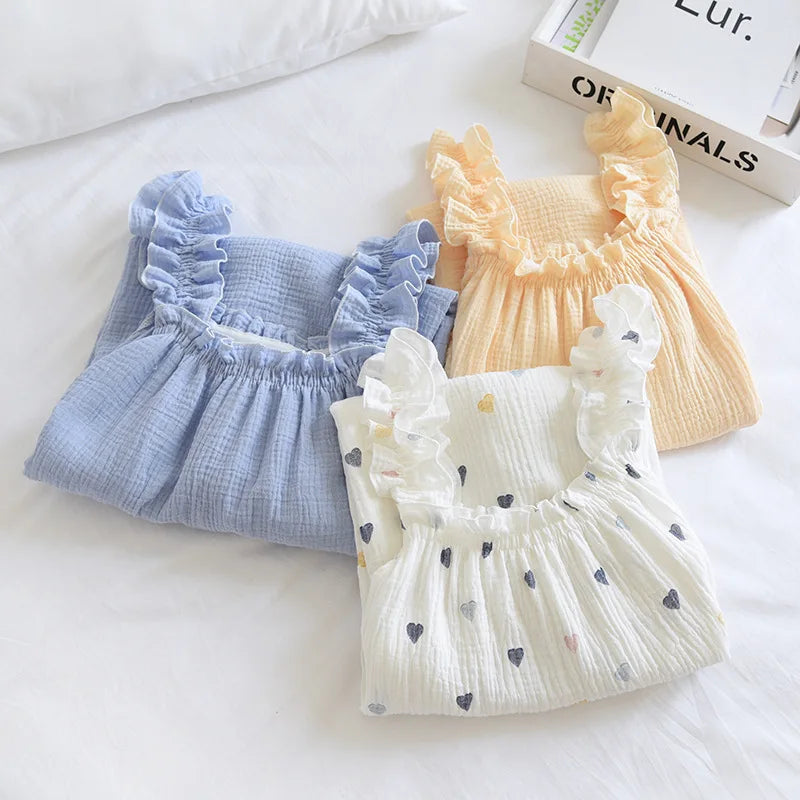 2025 Summer New Style Nightdress Ladies 100% Cotton Crepe Thin Vest Suspender Skirt Loose Long Skirt Sweet And Cute Home Skirt