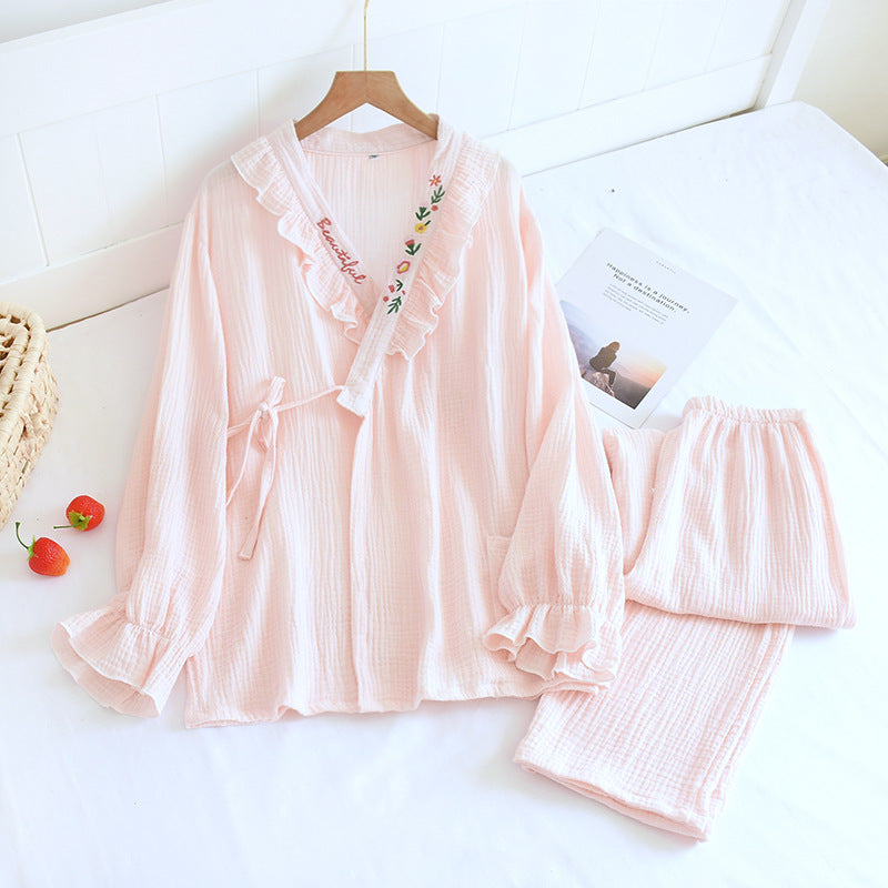 Japanese Kimono Suit New Ladies Spring And Autumn Pajamas Long-sleeved Trousers 100% Cotton Crepe Home Service Two-piece Suit