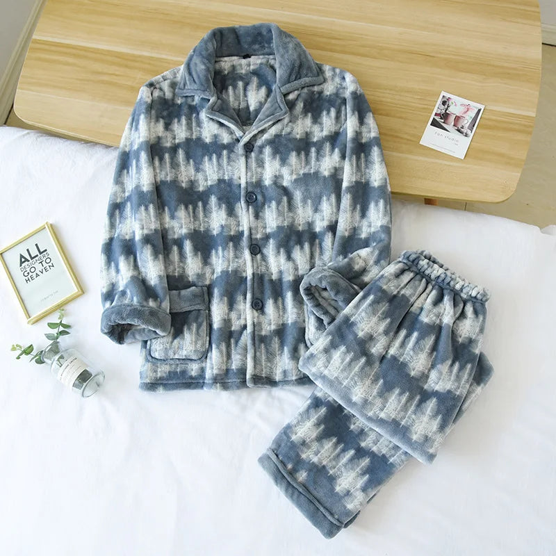 Autumn And Winter New Men's Pajamas Long-sleeved Trousers Two-piece Flannel Thickened Warm Home Service Set Plaid Large Size Men