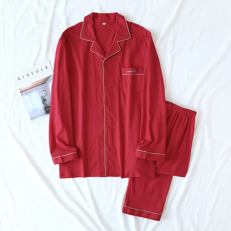 New spring and autumn couple knit pajamas, long-sleeved trousers, two-piece 100% cotton red men's and women's home service suit