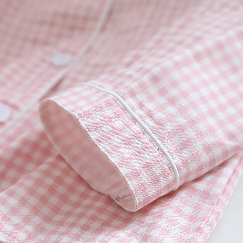 Japanese new couple pajamas, long-sleeved trousers, two-piece 100% cotton gauze simple plaid home service suit for men and women