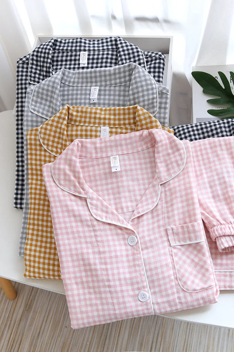 Japanese new couple pajamas, long-sleeved trousers, two-piece 100% cotton gauze simple plaid home service suit for men and women