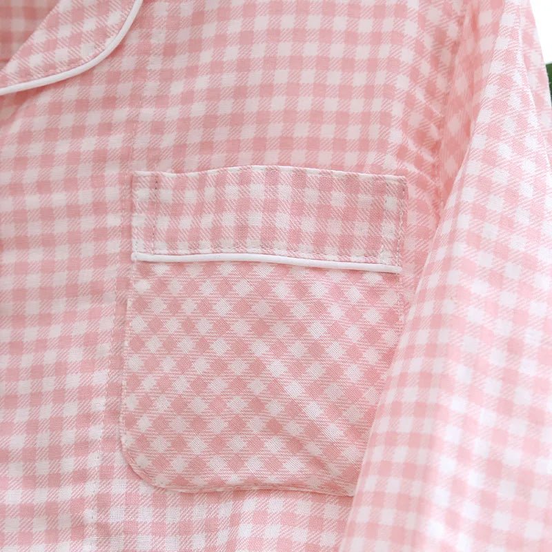 Japanese new couple pajamas, long-sleeved trousers, two-piece 100% cotton gauze simple plaid home service suit for men and women