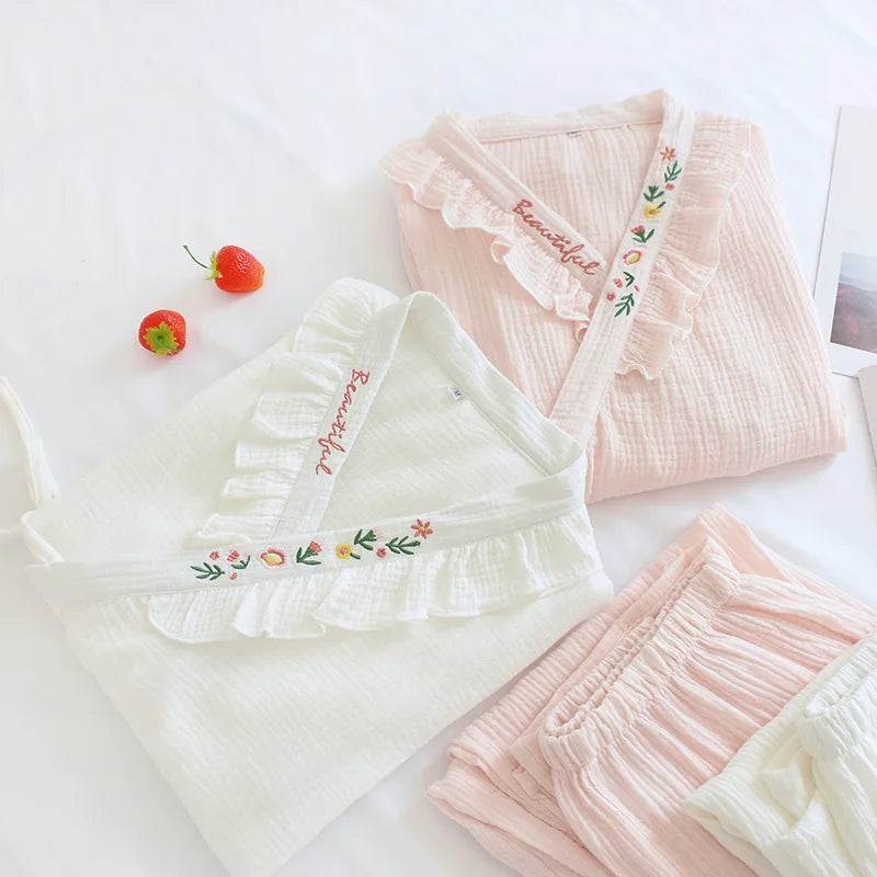 Japanese Kimono Suit New Ladies Spring And Autumn Pajamas Long-sleeved Trousers 100% Cotton Crepe Home Service Two-piece Suit