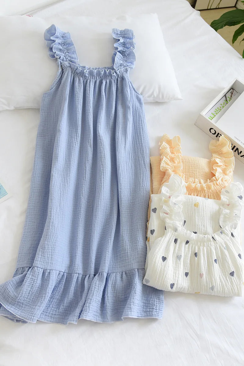 2025 Summer New Style Nightdress Ladies 100% Cotton Crepe Thin Vest Suspender Skirt Loose Long Skirt Sweet And Cute Home Skirt