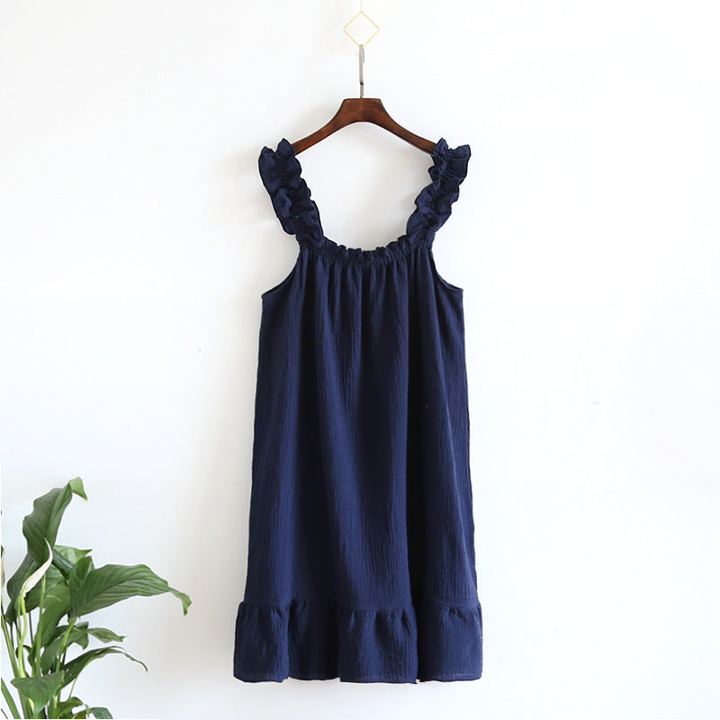 2025 Summer New Style Nightdress Ladies 100% Cotton Crepe Thin Vest Suspender Skirt Loose Long Skirt Sweet And Cute Home Skirt