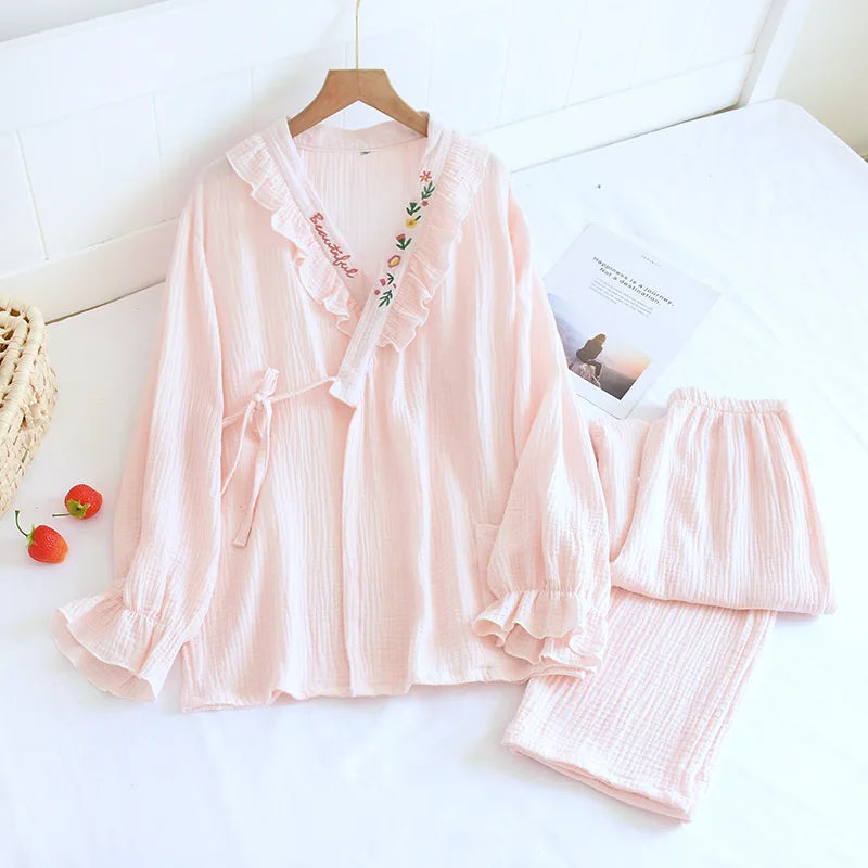 Japanese Kimono Suit New Ladies Spring And Autumn Pajamas Long-sleeved Trousers 100% Cotton Crepe Home Service Two-piece Suit