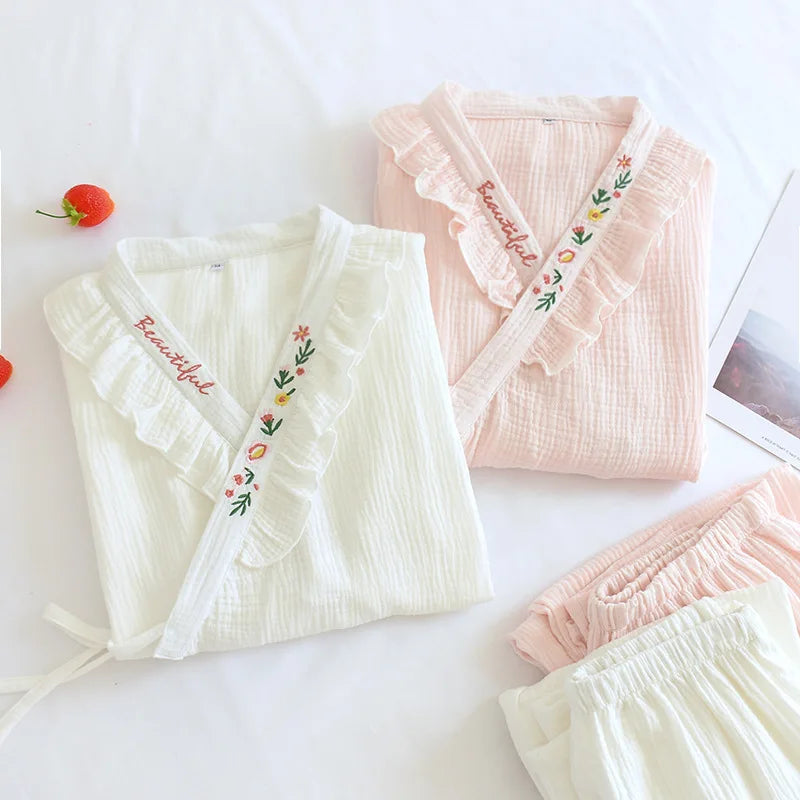 Japanese Kimono Suit New Ladies Spring And Autumn Pajamas Long-sleeved Trousers 100% Cotton Crepe Home Service Two-piece Suit