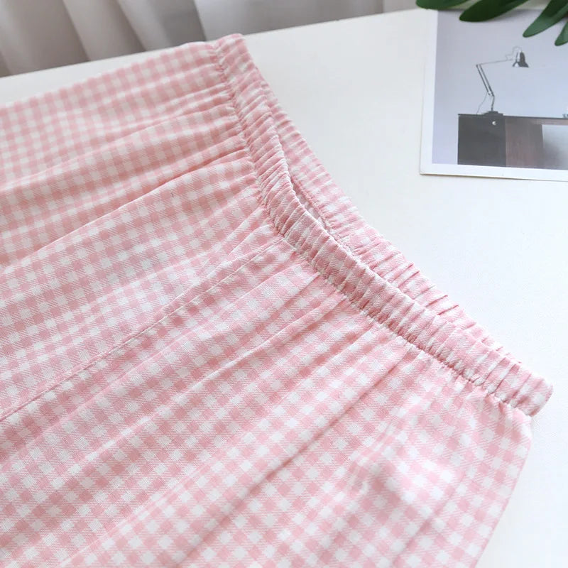 Japanese new couple pajamas, long-sleeved trousers, two-piece 100% cotton gauze simple plaid home service suit for men and women