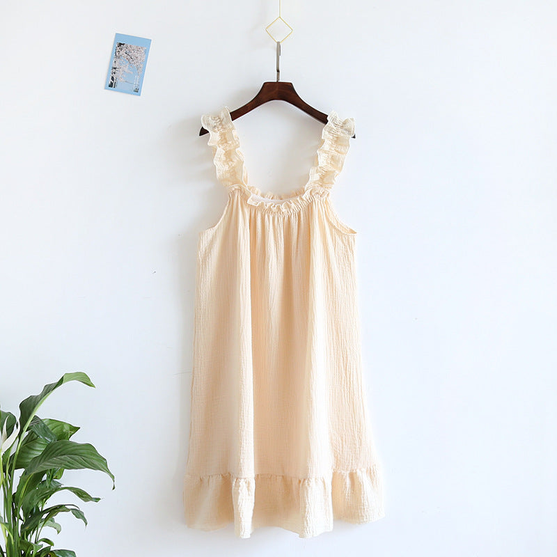 2025 Summer New Style Nightdress Ladies 100% Cotton Crepe Thin Vest Suspender Skirt Loose Long Skirt Sweet And Cute Home Skirt